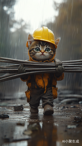 小猫猫在雨天中扛钢筋穿工地服装的拟人化形象