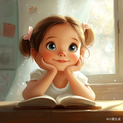 卡通小女孩在古书桌前读书的宁静时刻