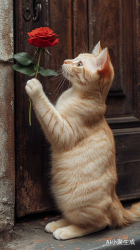 可爱的白橘猫站立着手持红玫瑰的温馨场景