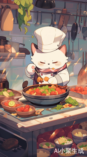 带厨师帽的猫咪在厨房忙炒菜