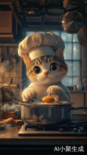 带厨师帽的猫咪在厨房忙炒菜