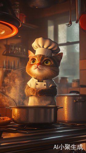 带厨师帽的猫咪在厨房忙炒菜