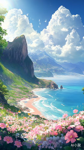 花海高山大海与蓝天白云的立体美景