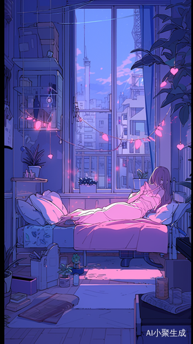 夏季夜晚女孩卧室插画温馨治愈感