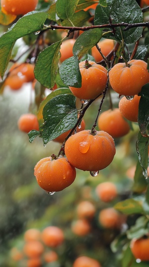 下雨天，柿子树上挂满了成熟的柿子，雨水挂在柿子上晶莹剔透