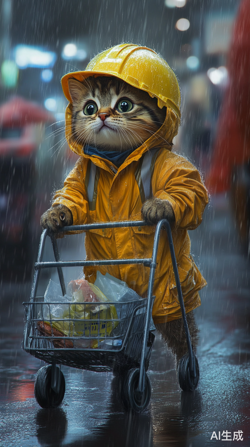 小猫穿工地服装推小车行走在雨天