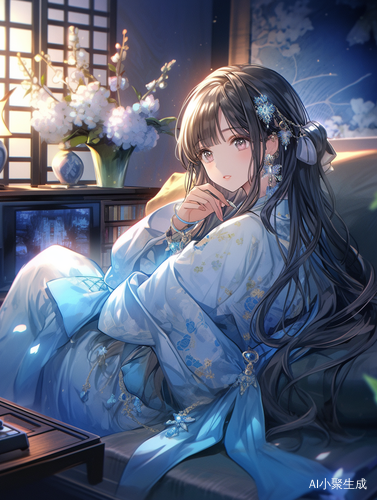 中国女孩在温馨客厅享受宁静夜晚
