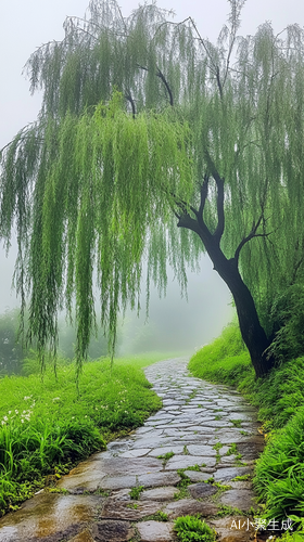 细高柳树与石板小路的雨天景致