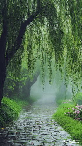 细高柳树与石板小路的雨天景致