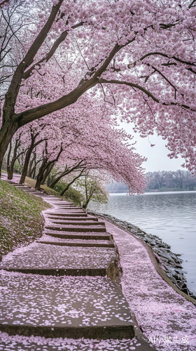 公园樱花环绕的圆形小径与湖泊美景