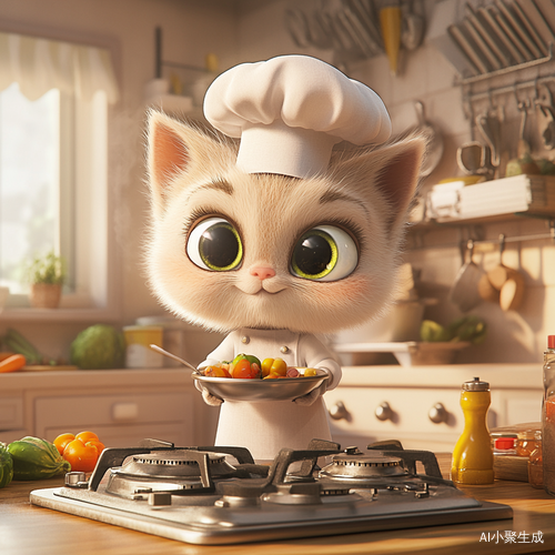 可爱猫咪厨师在温馨厨房里制作美味佳肴