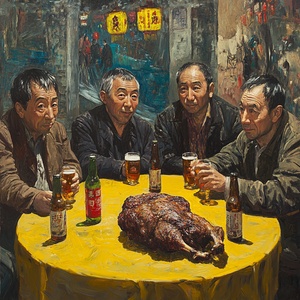 维也纳酒店夜晚六中年男人围坐享受美食与饮品