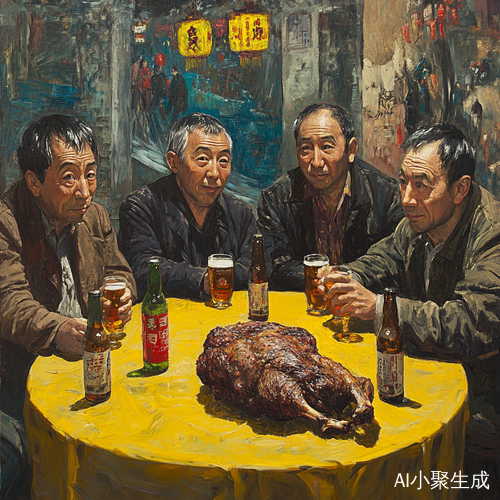 维也纳酒店夜晚六中年男人围坐享受美食与饮品