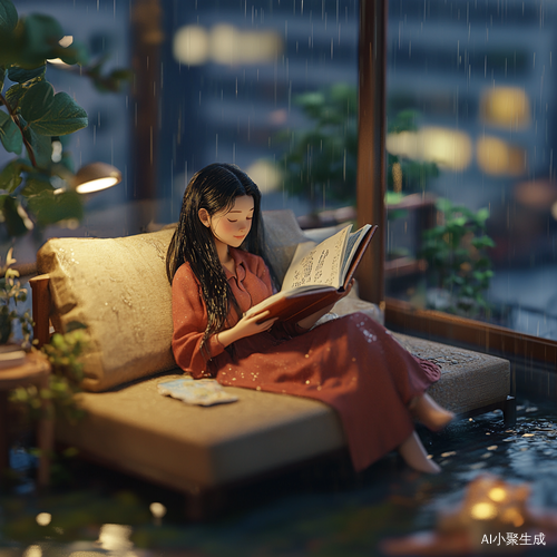 长发女孩雨天沙发上阅读的惬意时光