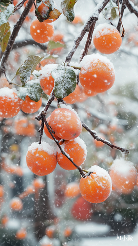 江南小镇雪中柿子树挂满柿子