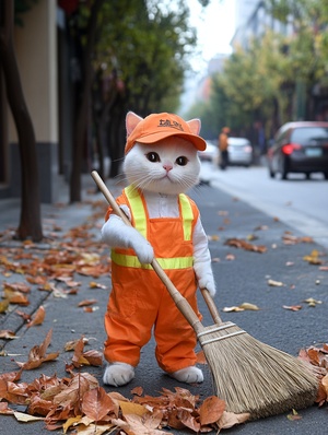 街道边的橘白色猫咪快乐扫地