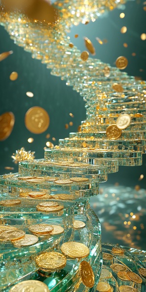 A large number of gold foil gold coins are scattered on the angel's spiral staircase and the transparent green mint crystal staircase, There are a large number of gold coins on the stairs, in a luminous and dreamy scene style, sparkling reflections.