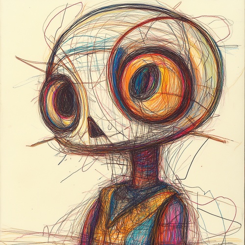 a sketchy drawing with many lines,colored pencil sketch, naive, [主体],depicting ,weird portraits,plushy toy,art style by Henry Moore.