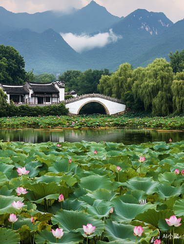 白天宏村山水相融徽式建筑荷塘如画