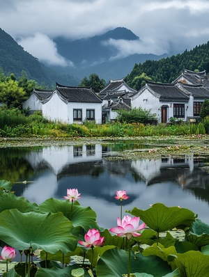 在中国安徽的山中有一个小村庄,四周环绕着水和莲花。它的前面矗立着几座白墙灰瓦的建筑。天空上乌云密布。附近的湖泊映照着房屋、绿色植物和远处的山峰隐没在薄雾中。这个如画的场景创造了一种充满宁静和美感的氛围,具有传统中国山水画的风貌。