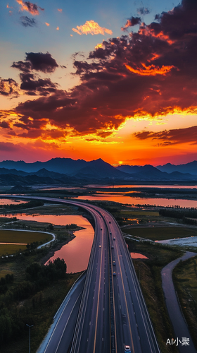 傍晚夕阳映照公路湖面与云彩