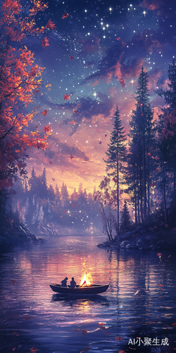 江畔枫林与渔火星光交织的美丽夜景