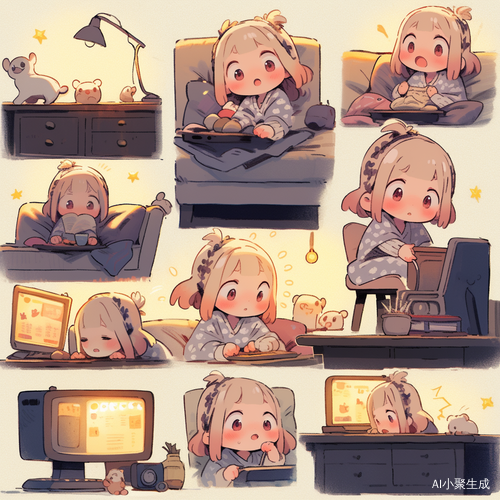 女孩在宁静农家小院夜空下看电视的治愈插画