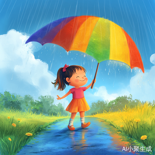 雨后晴天小女孩在彩虹下跳舞的卡通故事