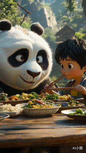 Giant Panda and Asian Boy Share a Meal of Chinese Dishes in Rural Setting