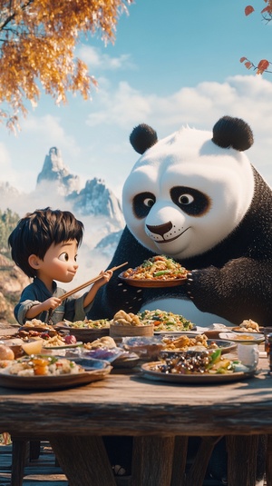 A giant panda and an Asian boy eat together at the table, with wooden tables in front of them, holding chopsticks to pick up food from plates full of Chinese dishes such as braised vegetables, fried rice, and more. The scene is set against a rural backdrop, captured in the style of Sony. ar 40:23