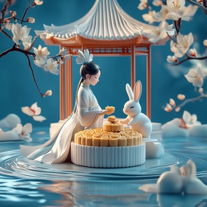 A beautiful woman and a white rabbit sit on a large mooncake, eating osmanthus tree mooncakes together. Behind them is a large pavilion with poster design and exquisite masterpiece. It is an 8K, 3D cartoon miniature scene, with a calm water surface background, blue water surface