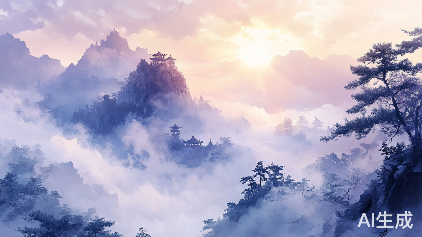 清晨阳光照耀庐山香炉峰云雾缭绕