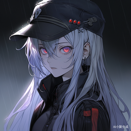 深灰色长发眯眯眼帅气少女穿黑色冲锋衣与鸭舌帽