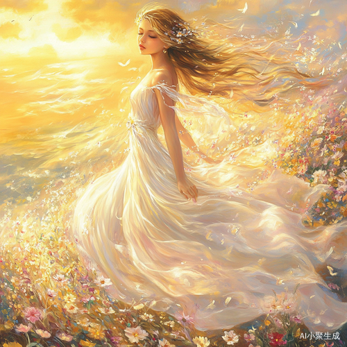 梦幻花海中的优雅纯真白裙女子