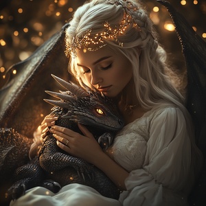 A beautiful breathtaking 30 - year old princess cuddling with her baby dragon, photorealistic, hyper detailed,golden sparkling lights, epic light,award - winning photography,