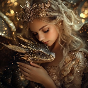 A beautiful breathtaking 30 - year old princess cuddling with her baby dragon, photorealistic, hyper detailed,golden sparkling lights, epic light,award - winning photography,