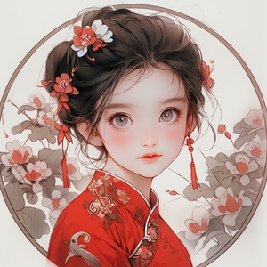 中国画线描，魅力小女孩,大眼睛长睫毛，绣花红裙，团扇，可爱表情，圆润脸颊,长发双辫，银首饰耳环，卡通风格，中国画风，流畅的墨线,牡丹花背景，3d渲染，特写镜头，柔和光线，生动表情，鲜艳色彩，温馨氛围。