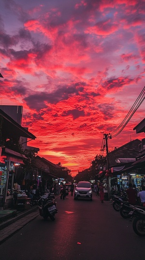 巴厘岛日落时分的红云街景与行人车辆