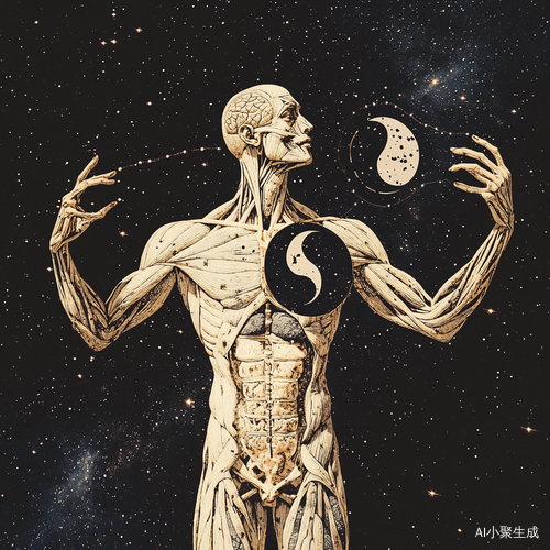 大宇宙下仰望星空的解剖模型人和阴阳图
