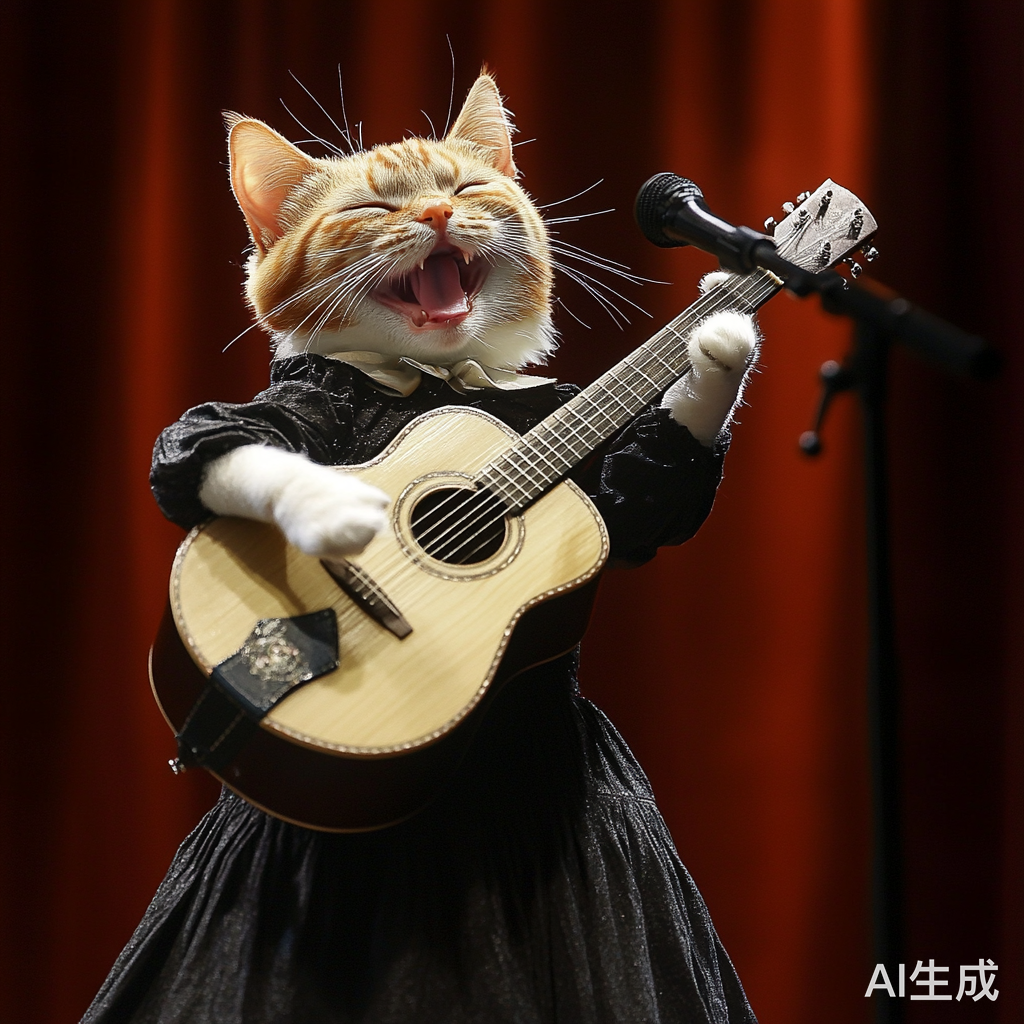 拟猫咪舞台演出吉他唱歌引观众热潮