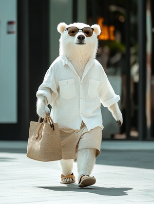 A relaxed white bear, with a soft smile, striding confidently in a light summer outfit. The bear is wearing a breezy white linen shirt, unbuttoned at the top, paired with comfortable beige shorts. Its paws are fitted with casual flip-flops, and a pair of stylish sunglasses rest atop its head. As the rabbit walks, a lightweight canvas tote bag swings from one paw, completing its laid-back summer look., walking down the street in the style of high-end fashion, with a shopping mall background in an anthropomor