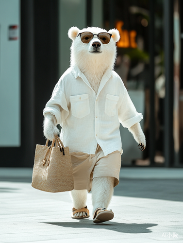 Fashionable White Bear in Summer Outfit Strides Confidently