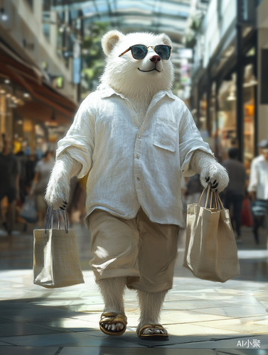 Fashionable White Bear in Summer Outfit Strides Confidently