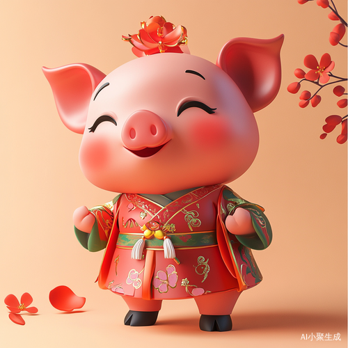 柔软可爱的黑皮微笑小猪穿传统汉服的3D动画设计