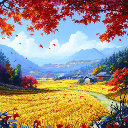 秋天的诗意画卷金黄稻谷与红枫叶交相辉映
