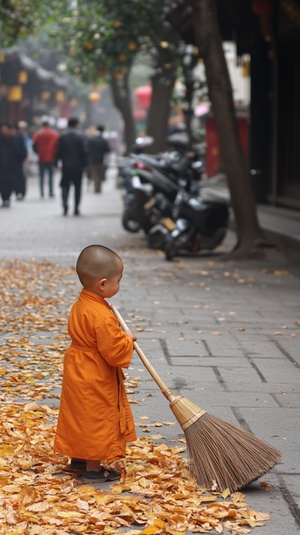 寺庙街道的路边，一个胖嘟嘟小和尚拿着扫帚在扫地。在扫地，（橘黄色的和尚服），（面相和善可爱），（满脸笑容），（衣装朴素），（干净整洁），（很大的竹扫把），地上有许多落叶，行人不多，沧桑的脸，粗糙的手。