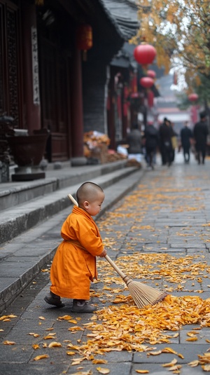 寺庙街道的路边，一个胖嘟嘟小和尚拿着扫帚在扫地。在扫地，（橘黄色的和尚服），（面相和善可爱），（满脸笑容），（衣装朴素），（干净整洁），（很大的竹扫把），地上有许多落叶，行人不多，沧桑的脸，粗糙的手。