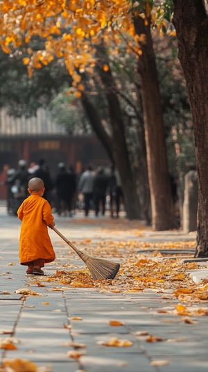 寺庙街道的路边，一个胖嘟嘟小和尚拿着扫帚在扫地。在扫地，（橘黄色的和尚服），（面相和善可爱），（满脸笑容），（衣装朴素），（干净整洁），（很大的竹扫把），地上有许多落叶，行人不多，沧桑的脸，粗糙的手。