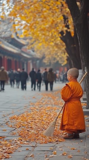 寺庙街道的路边，一个胖嘟嘟小和尚拿着扫帚在扫地。在扫地，（橘黄色的和尚服），（面相和善可爱），（满脸笑容），（衣装朴素），（干净整洁），（很大的竹扫把），地上有许多落叶，行人不多，沧桑的脸，粗糙的手。