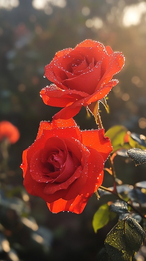 Dewy Red Roses at Dawn in a Serene Garden